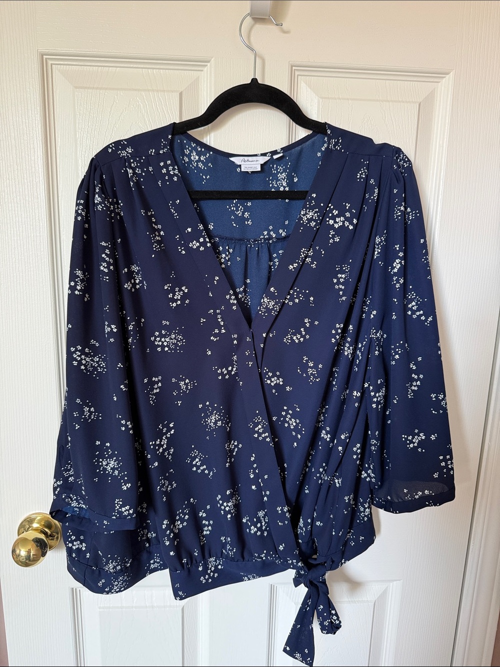 Reitmans Navy Floral Wrap Blouse with Side Tie